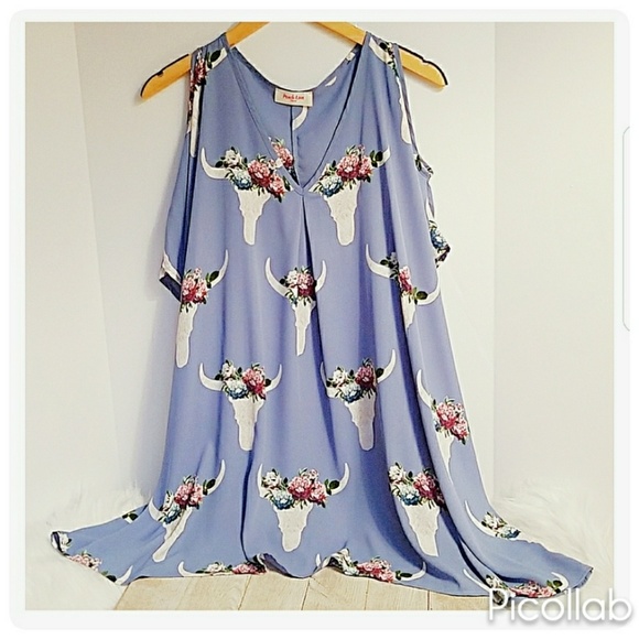 bloom Tops - Baby Blue Floral Bull Head Cold Shoulder top